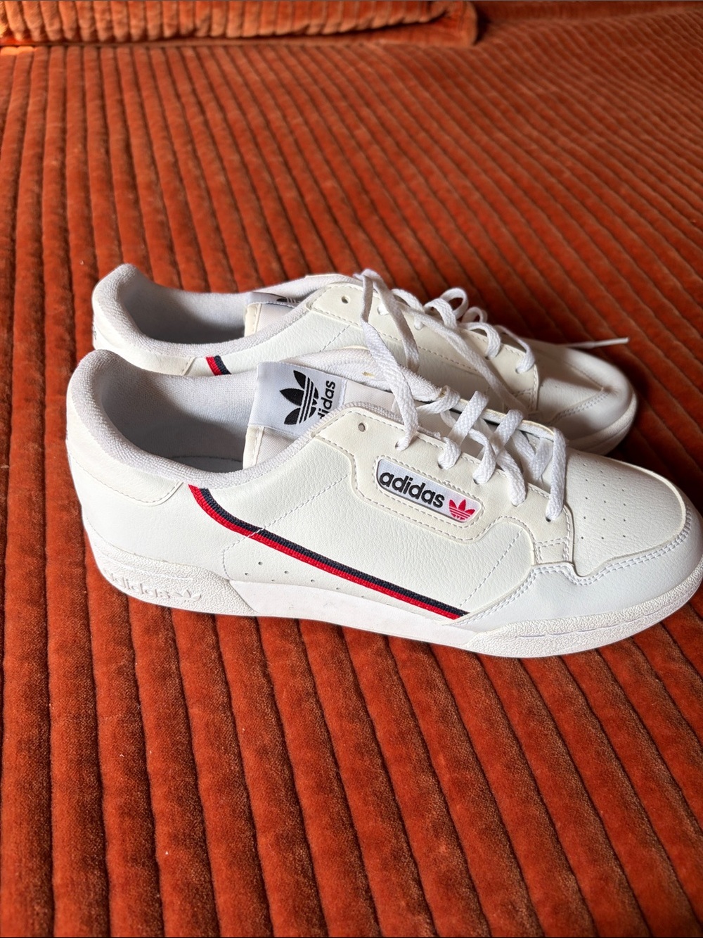 adidas White Low-Top Sneakers with Red and Black Stripe
